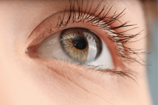 Close-up of a person's large brown eye, showcasing intricate details of the iris and eyelashes.